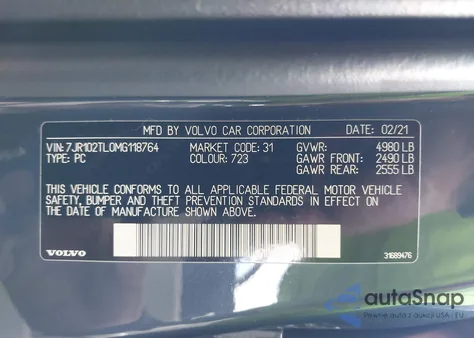 2021 Volvo S60 T5 Inscription from USA, damaged, VIN 7JR102TL0MG118764